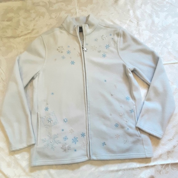 Bobbie Brooks Powder Blue Winter Snowflake Front Zip Fleece Jacket Sz M - Picture 13 of 13